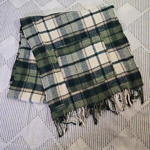 TWEEDMILL Lambswool Scarf Britain Green Plaid w/ Fringe & Pocket 64"x16" Vintage